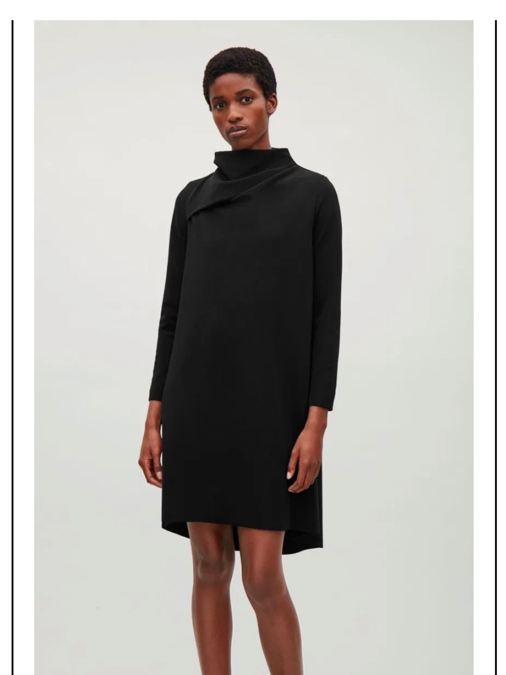 COS Black Funnel-Neck Dress Long Sleeve Small Pockets High-Low Hem Ribbed